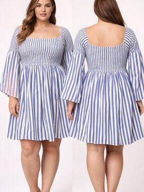 Torrid Blue White Striped Smocked Dress Size 0 Bell Sleeve Empire Waist bleach R